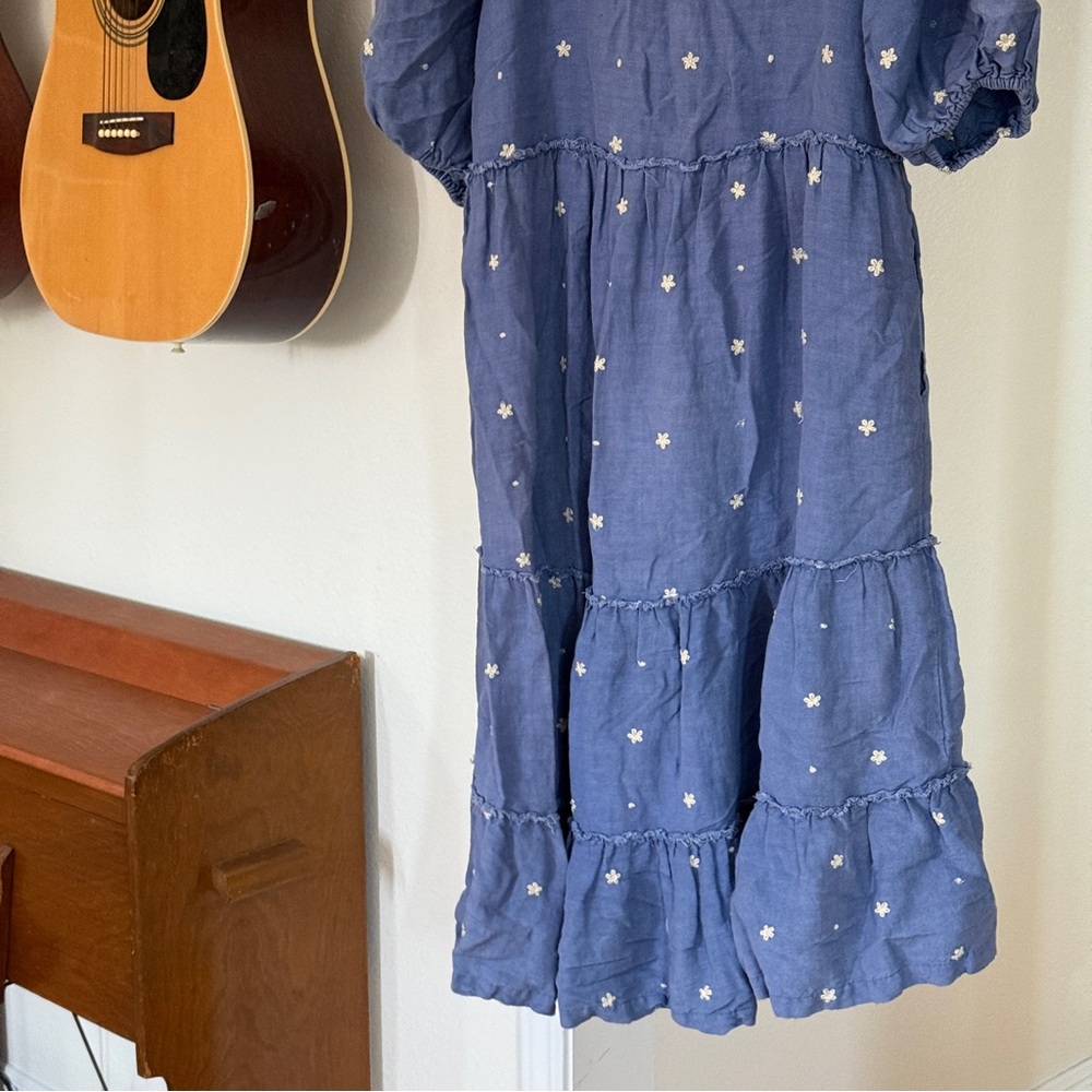 Harper Sage Secret Garden Dress puff Sleeves daisy & polka dot blue Midi dress - Picture 6 of 9